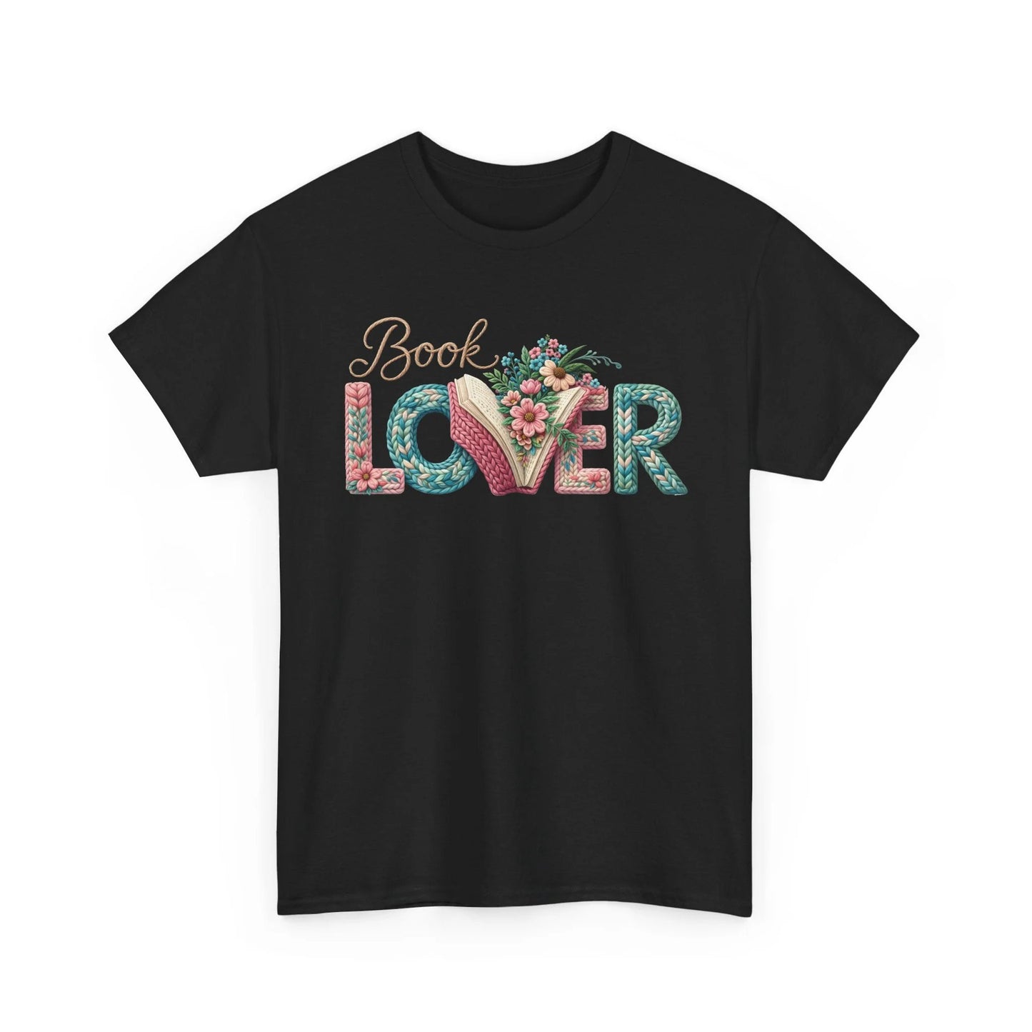 Black T-shirt with floral 'Book Lover' typography and an open-book motif forming the word LOVER.