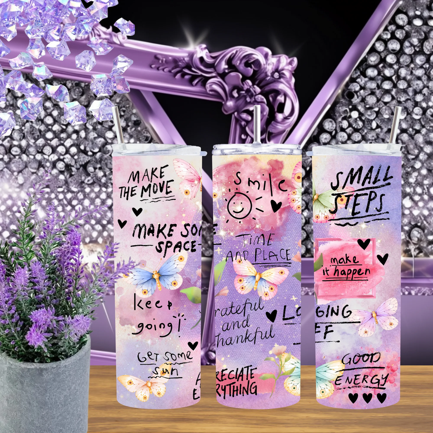 Daily Affirmations 20oz Tumbler Pastel Butterfly Drinkware Positive Quotes Self Care Gift For Her Aesthetic Wellness Mug by Marie Gems