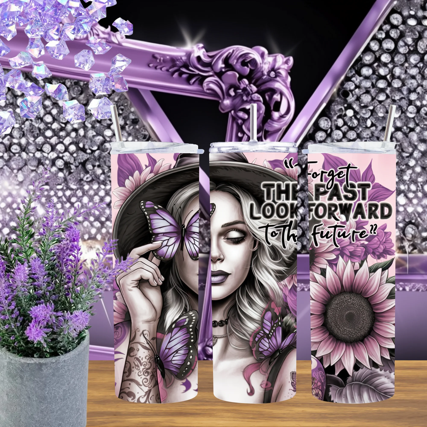 Future Butterfly 20oz Tumbler • Purple Sunflower 30oz Cup • Motivational Portrait Drinkware • Graduation Gift for Her • Edgy Inspiration Mug by Marie Gems