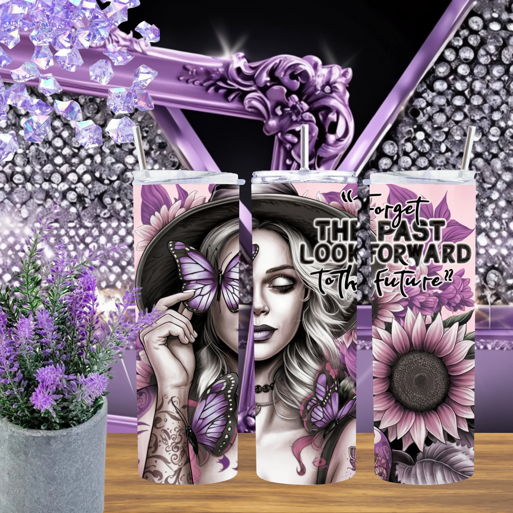 Future Butterfly 20oz Tumbler • Purple Sunflower 30oz Cup • Motivational Portrait Drinkware • Graduation Gift for Her • Edgy Inspiration Mug by Marie Gems