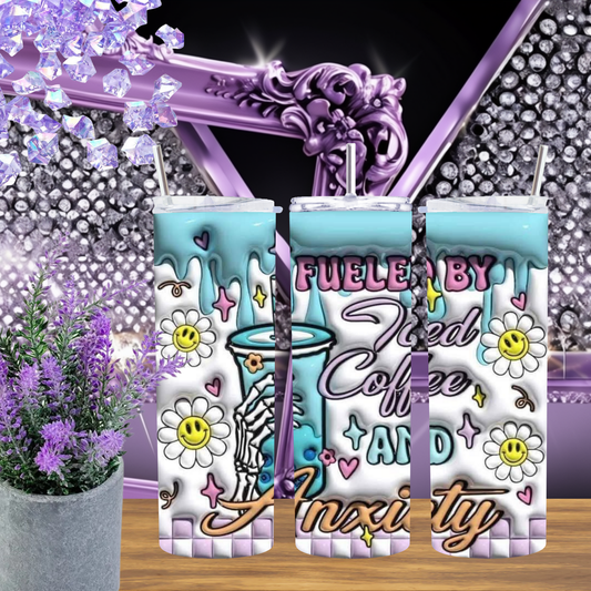 Fueled by Iced Coffee Tumbler – 20 oz Funny Anxiety Cup with Skeleton Hand, Smileys & Drip Art, Pastel Goth Aesthetic Tumbler