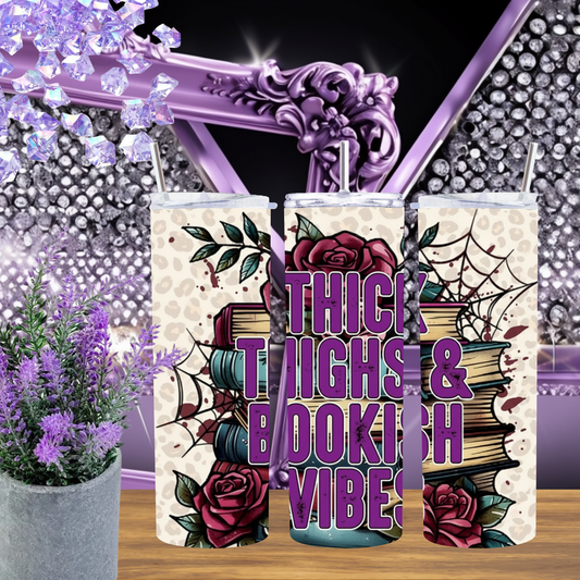 Thick Thighs & Bookish Vibes" 20oz Skinny Tumbler with Leopard Print, Books, Roses, and Spiderwebs - For Book Lovers and Cottagecore Goths
