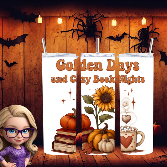 Golden Days & Cozy Book Nights 20oz Skinny Tumbler, Book Lover Fall Mug, Autumn Aesthetic Drinkware, Physical Tumbler for Readers