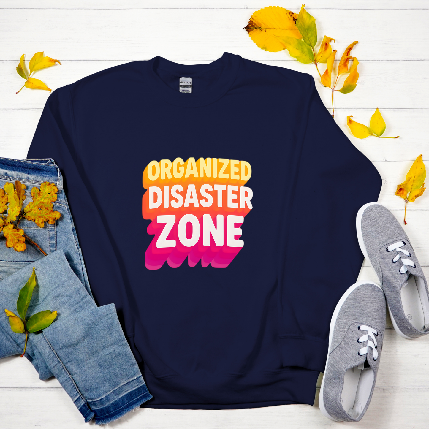 Organized Disaster Zone Funny Crewneck Sweatshirt, Chaotic Life Sweater, Sarcastic Mom Life, Humorous Gift for Her, Retro Style Sweater