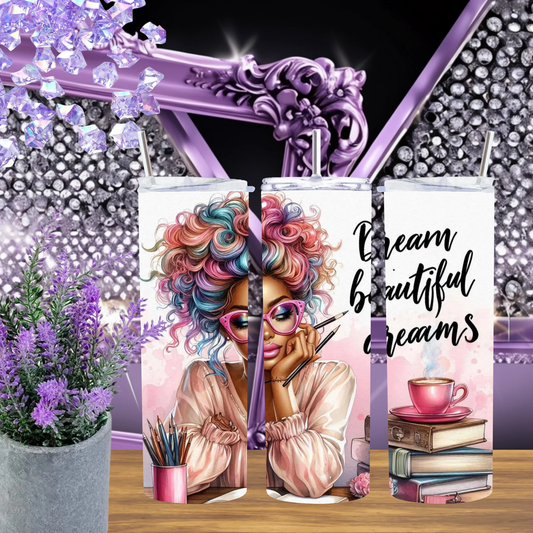 Dream Beautiful Dreams 20oz Tumbler • Pink Glasses 30oz Cup • Creative Artist Gift for Her • Writer Coffee Drinkware • Aesthetic Study Mug by Marie Gems