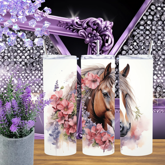 Watercolor Horse 20oz Tumbler Pink Floral Design Equestrian Gift For Her Ranch Life Drinkware Artistic Horse Lover by Marie Gems