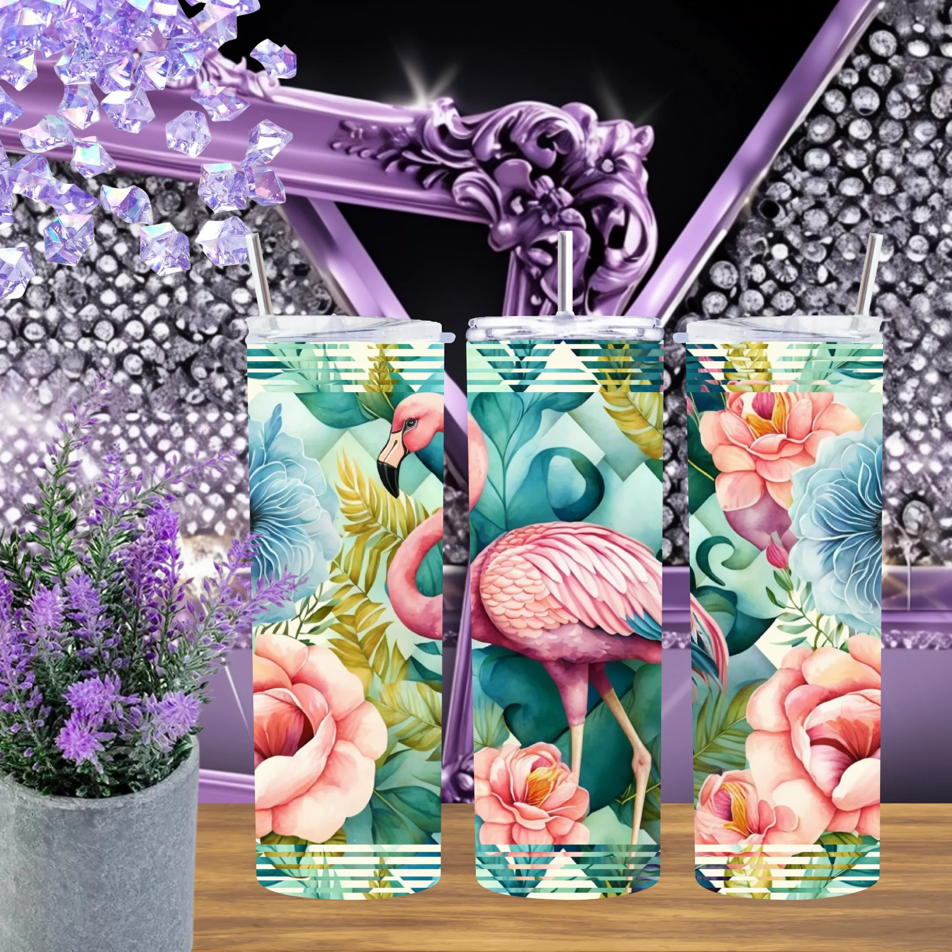 Geometric Flamingo 20oz Tumbler Modern Floral 30oz Cup Striped Art Drinkware Trendy Gift For Her Peach Flower Mug by Marie Gems