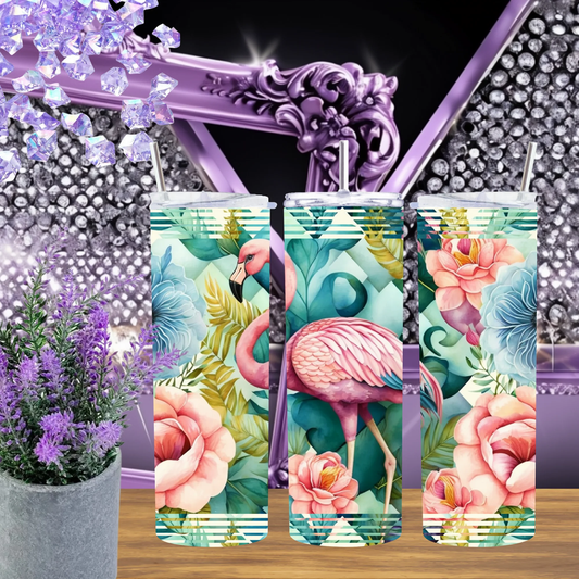 Geometric Flamingo 20oz Tumbler Modern Floral 30oz Cup Striped Art Drinkware Trendy Gift For Her Peach Flower Mug by Marie Gems