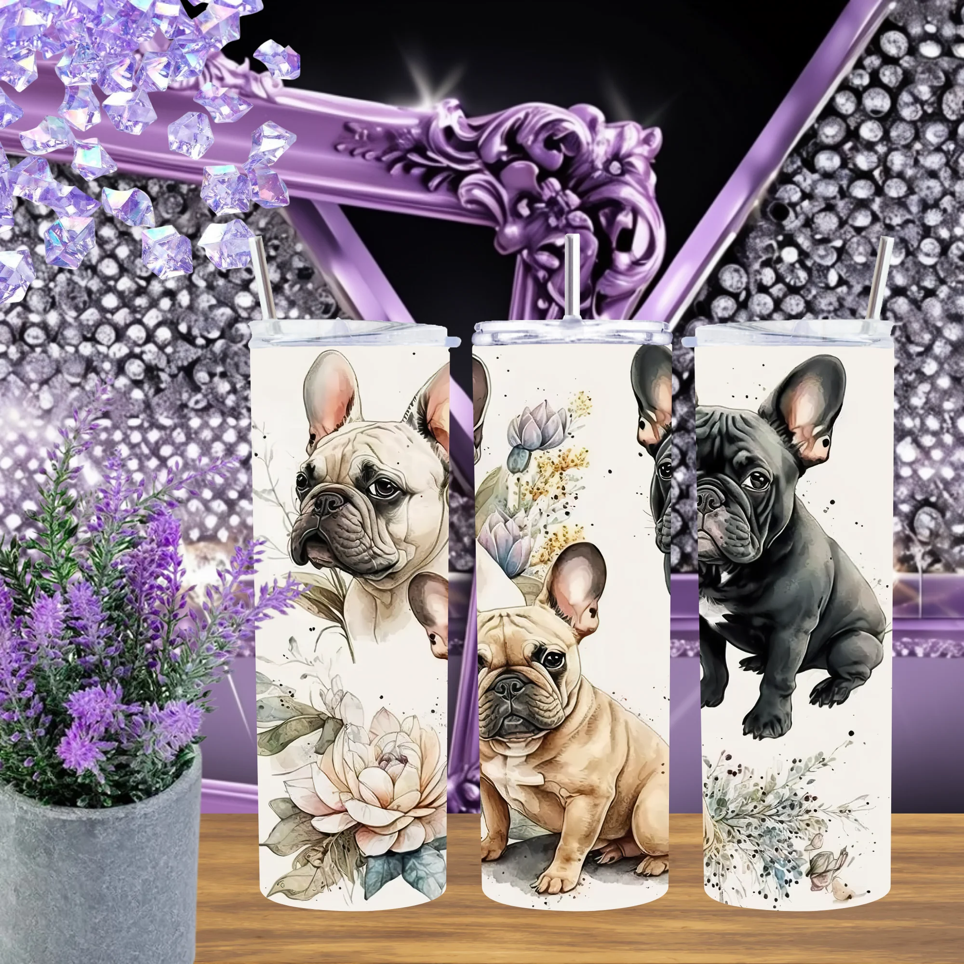 French Bulldog 20oz Tumbler Watercolor Frenchie Drinkware Pet Lover Gift For Her Artistic Dog Portrait Mug by Marie Gems