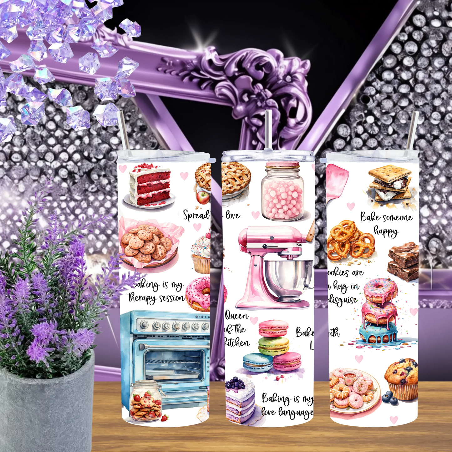 Queen Of The Kitchen 20oz Tumbler And Baking Therapy 30oz Cup Set For Bakers Pastry Chef Drinkware Gift For Her by Marie Gems