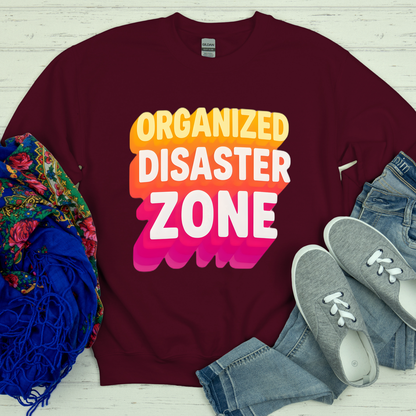 Organized Disaster Zone Funny Crewneck Sweatshirt, Chaotic Life Sweater, Sarcastic Mom Life, Humorous Gift for Her, Retro Style Sweater
