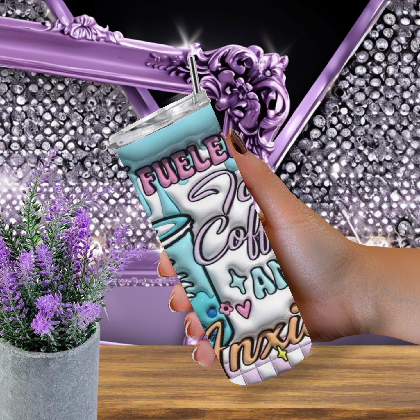 Fueled by Iced Coffee Tumbler – 20 oz Funny Anxiety Cup with Skeleton Hand, Smileys & Drip Art, Pastel Goth Aesthetic Tumbler