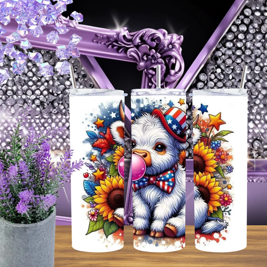 Patriotic 4th Of July Highland Cow Travel Mug 20oz Or 30oz Durable Tumbler With Rustic Art by Marie Gems