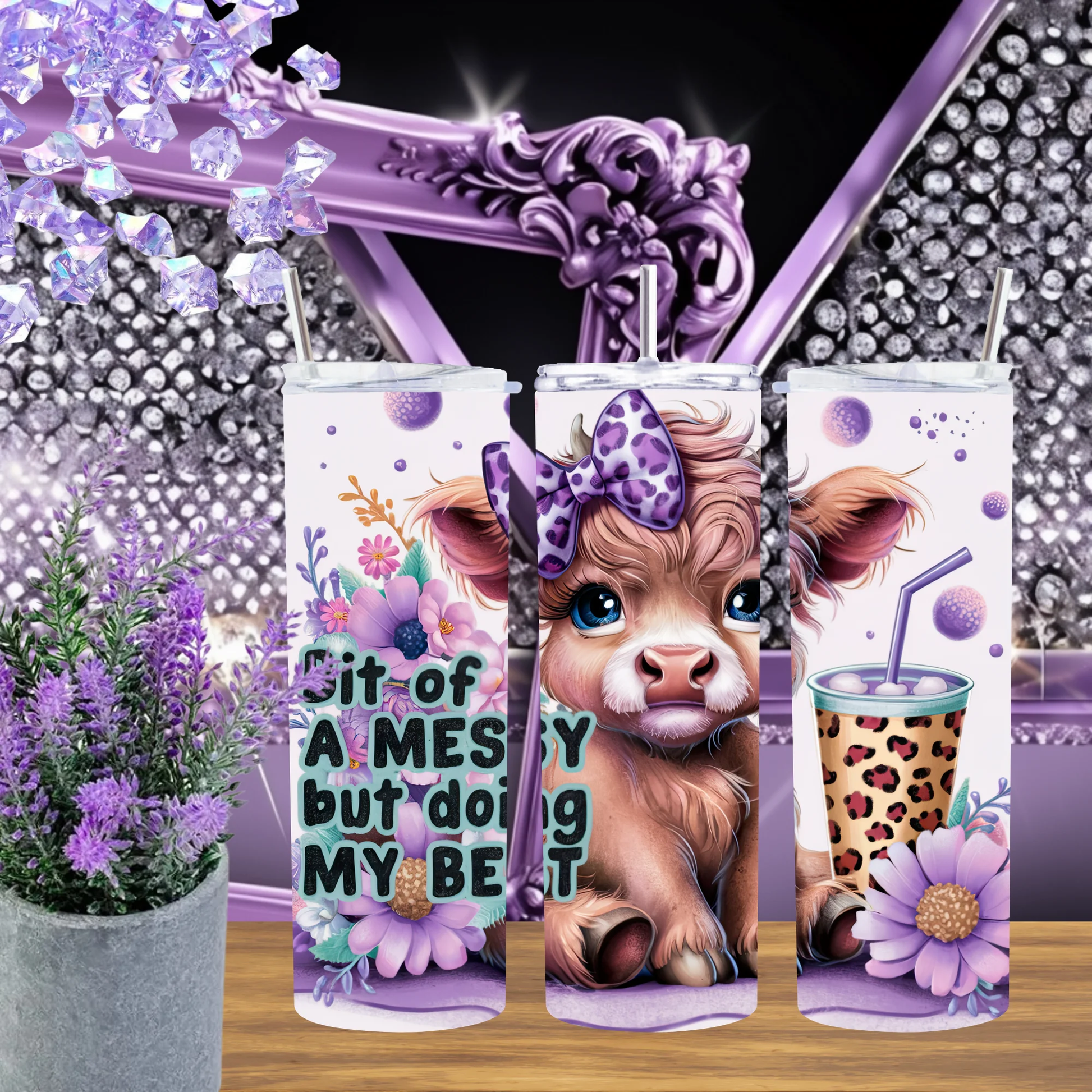 Messy Hair Doing My Best Highland Cow Tumbler 20 Oz and 30 Oz Stainless Steel Travel Cup for Moms and Teachers by Marie Gems