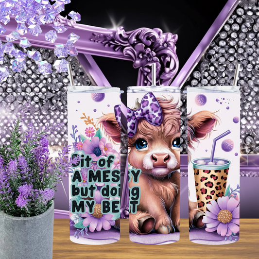 Messy Hair Doing My Best Highland Cow Tumbler 20 Oz and 30 Oz Stainless Steel Travel Cup for Moms and Teachers by Marie Gems
