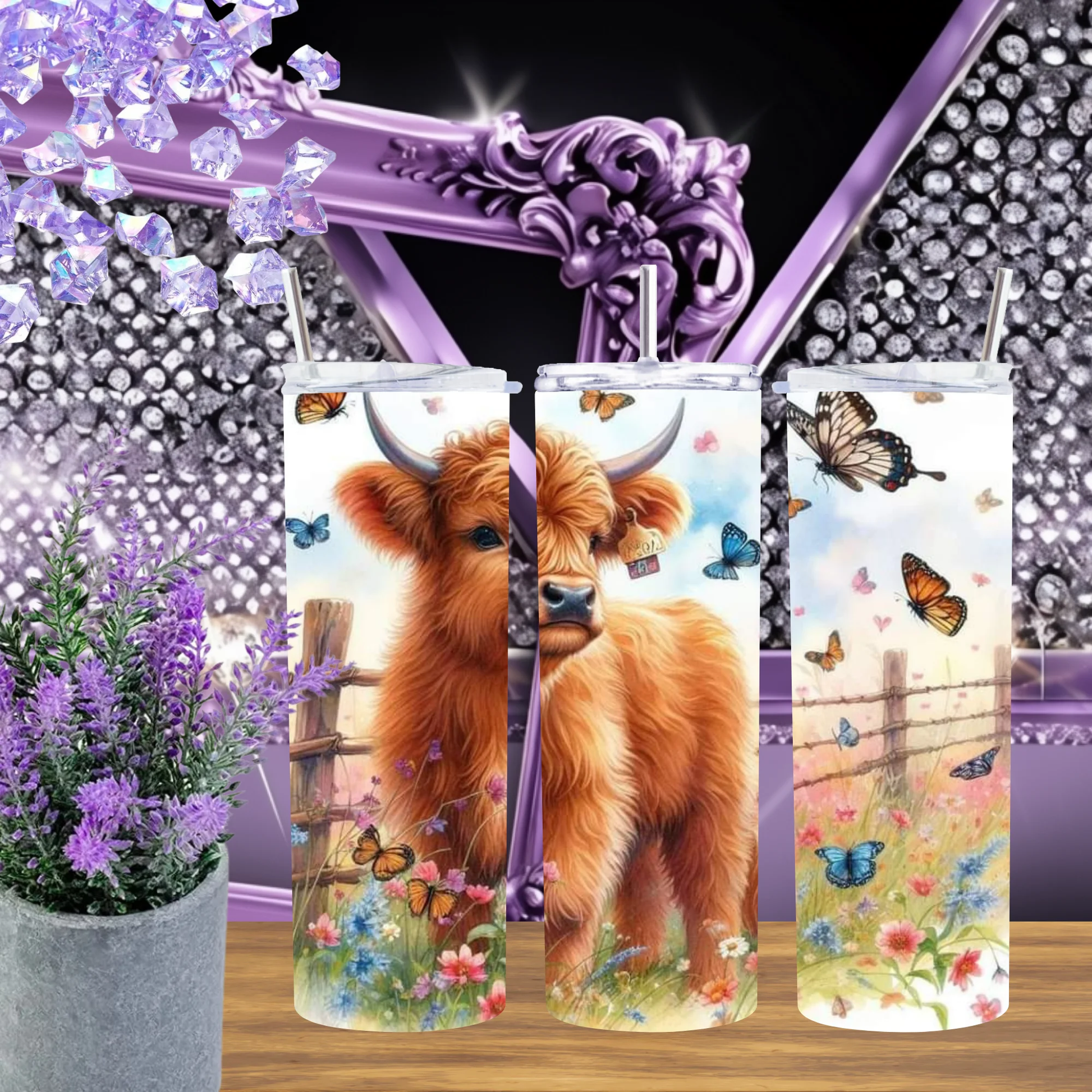 Watercolor Meadow Highland Cow Tumbler 20oz 30oz Stainless Steel Insulated Travel Mug with Straw Gift for Her by Marie Gems