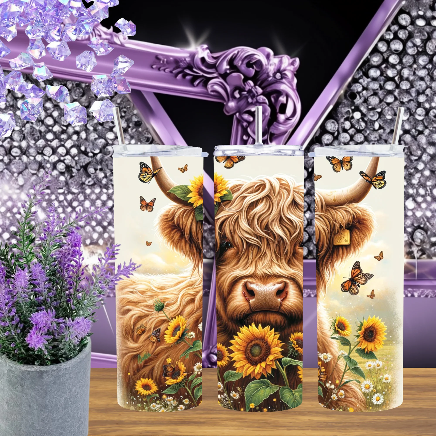 Sunflower And Butterfly Highland Cow Tumbler 20oz 30oz Stainless Steel Insulated Travel Mug With Straw Gift For Her by Marie Gems
