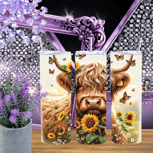 Sunflower And Butterfly Highland Cow Tumbler 20oz 30oz Stainless Steel Insulated Travel Mug With Straw Gift For Her by Marie Gems