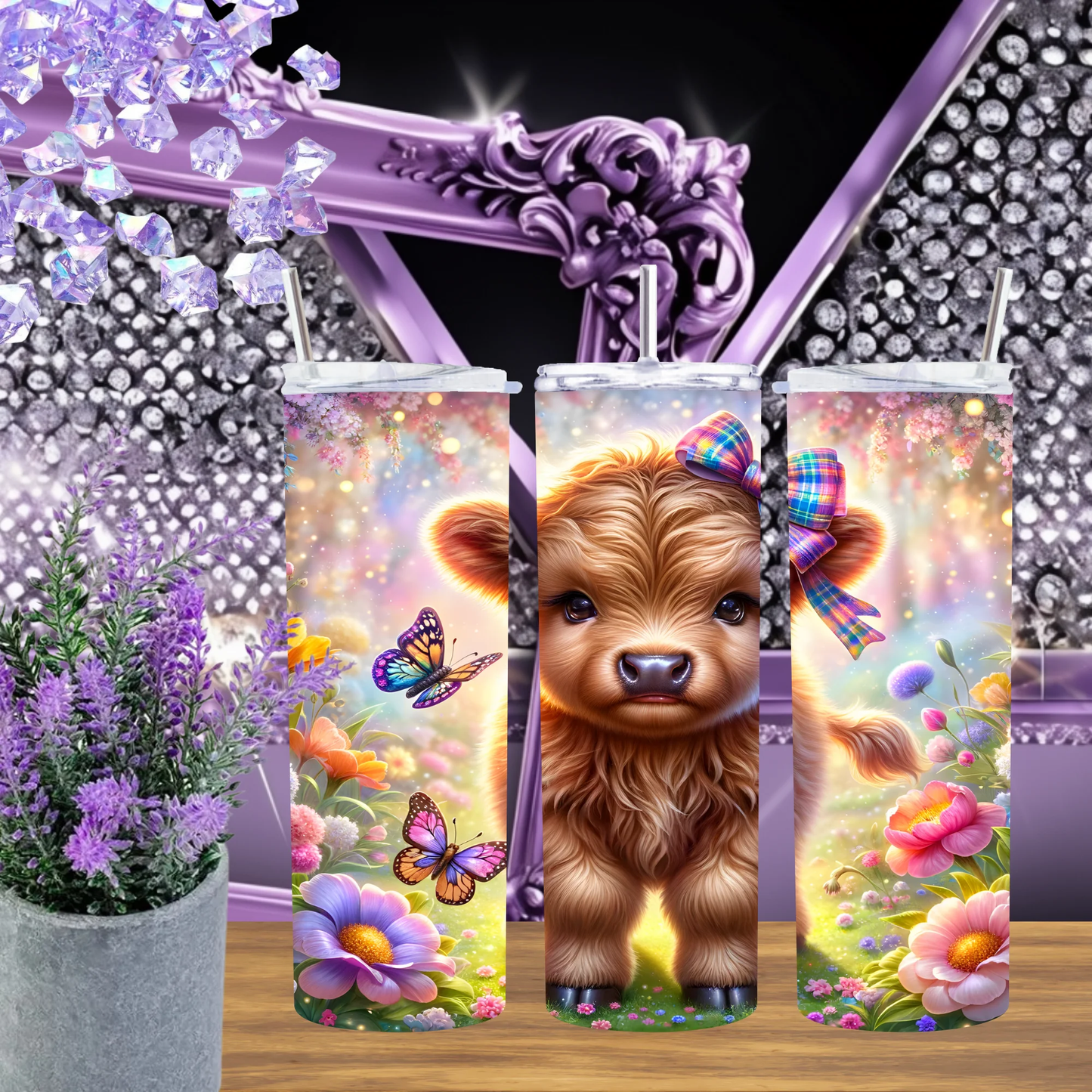 Whimsical Rainbow Butterfly Highland Cow Tumbler 20oz 30oz Insulated Stainless Steel Travel Mug With Straw Gift For Her by Marie Gems