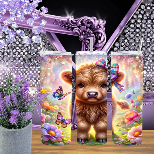 Whimsical Rainbow Butterfly Highland Cow Tumbler 20oz 30oz Insulated Stainless Steel Travel Mug With Straw Gift For Her by Marie Gems