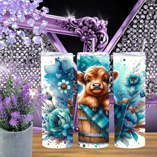 Teal Floral Watercolor Highland Cow 20oz Tumbler And 30oz Steel Cup Insulated Travel Mug With Straw Gift For Her by Marie Gems