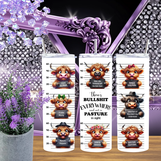 Funny Cow Mugshot Sarcastic Quote 20oz Tumbler, 30oz Stainless Steel Cup, Funny Cow Gift for Her, Cute Highland Cow Drinkware, Insulated Travel Mug with Straw by Marie Gems