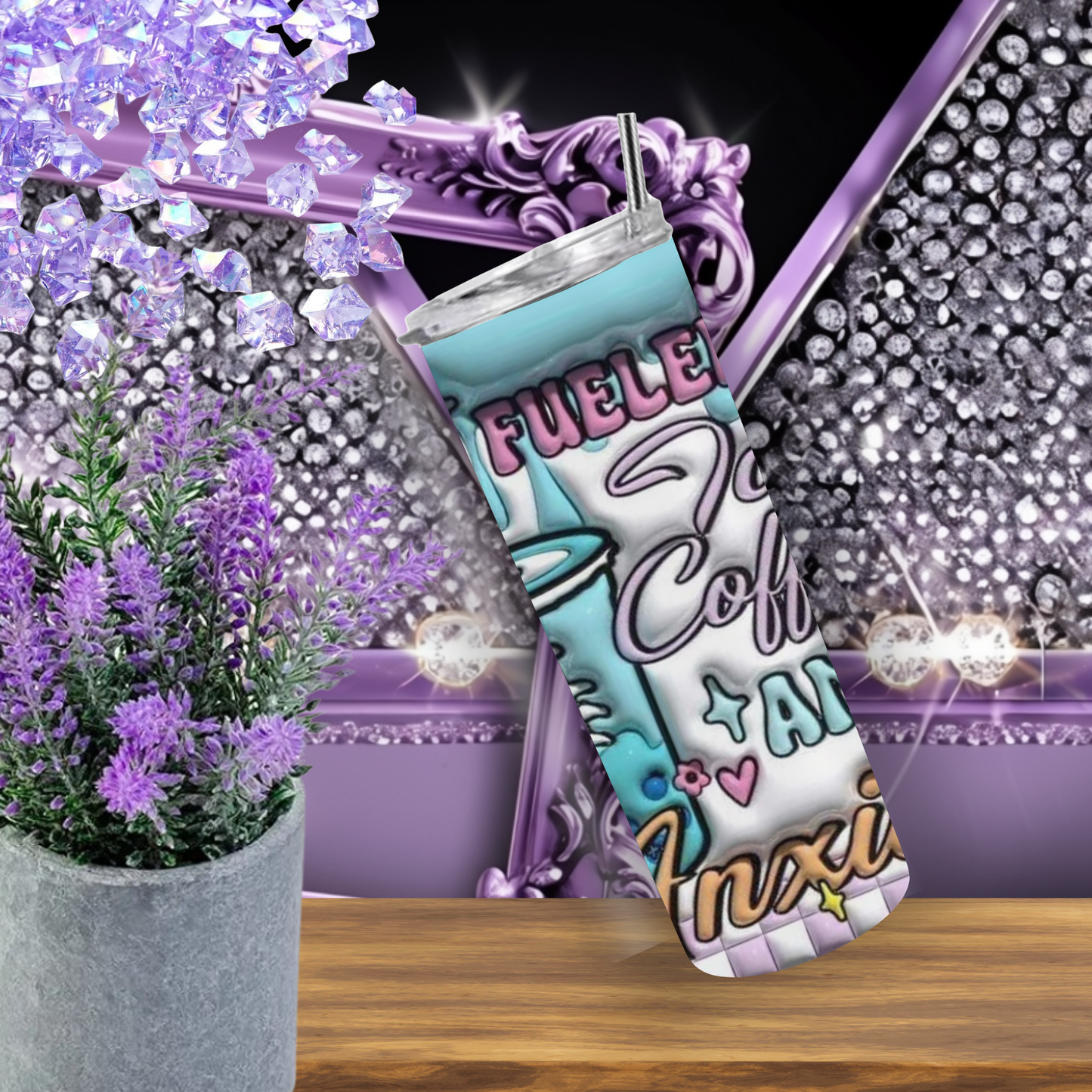 Fueled by Iced Coffee Tumbler – 20 oz Funny Anxiety Cup with Skeleton Hand, Smileys & Drip Art, Pastel Goth Aesthetic Tumbler