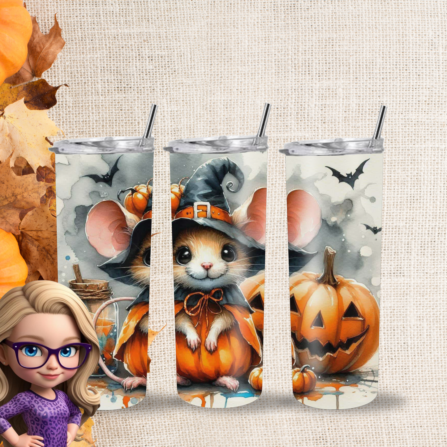 Adorable Halloween Mouse Tumbler – Insulated 20oz Skinny Cup with Pumpkin & Bat Motifs