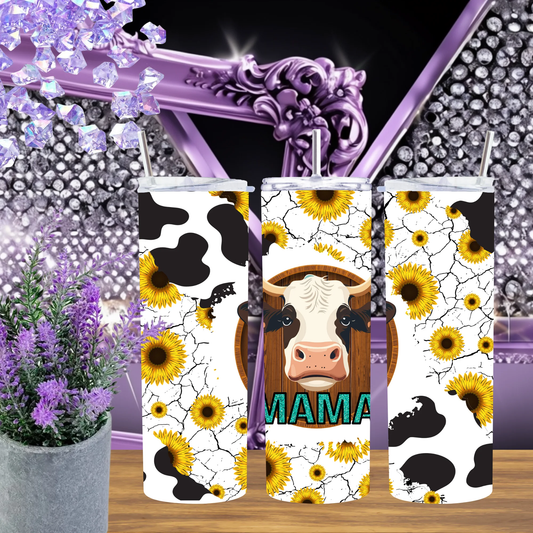 Sunflower Cow Mama Animal Print Tumbler 20oz or 30oz Stainless Steel Insulated Travel Mug with Straw by Marie Gems