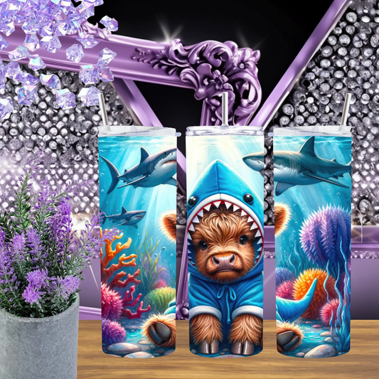 Cute Highland Cow Shark Hoodie Tumbler 20oz 30oz Stainless Steel Cup Insulated Travel Mug With Straw Gift For Her by Marie Gems