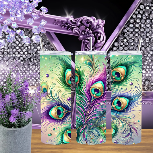 Iridescent Peacock Feather 20oz Tumbler, Teal and Gold 30oz Cup, Elegant Boho Drinkware, Luxury Bird Print Travel Mug, Gift for Women by Marie Gems