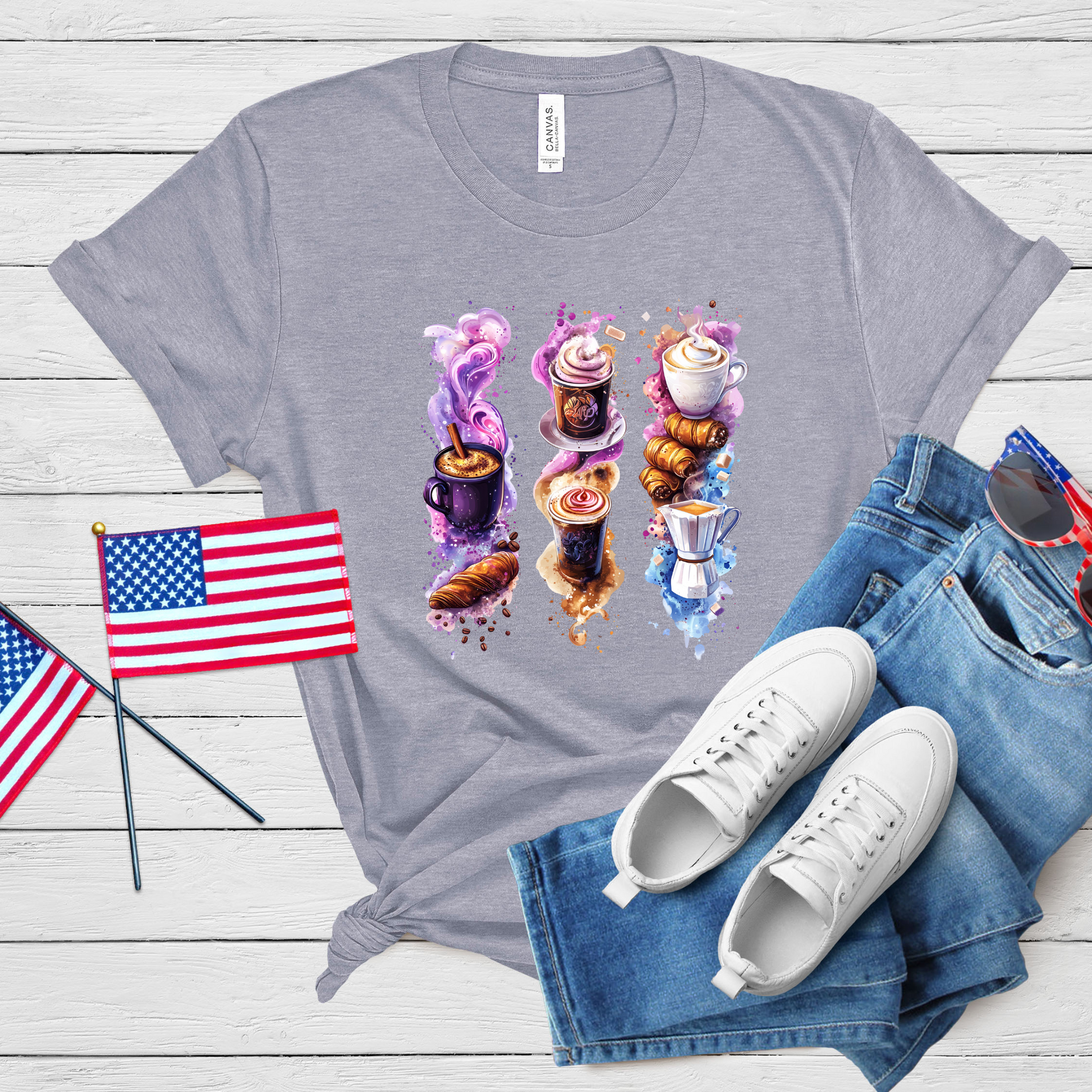 Artistic Coffee & Pastry Brush Stroke T-Shirt featuring coffee cups, croissants, and dynamic colorful brush strokes.