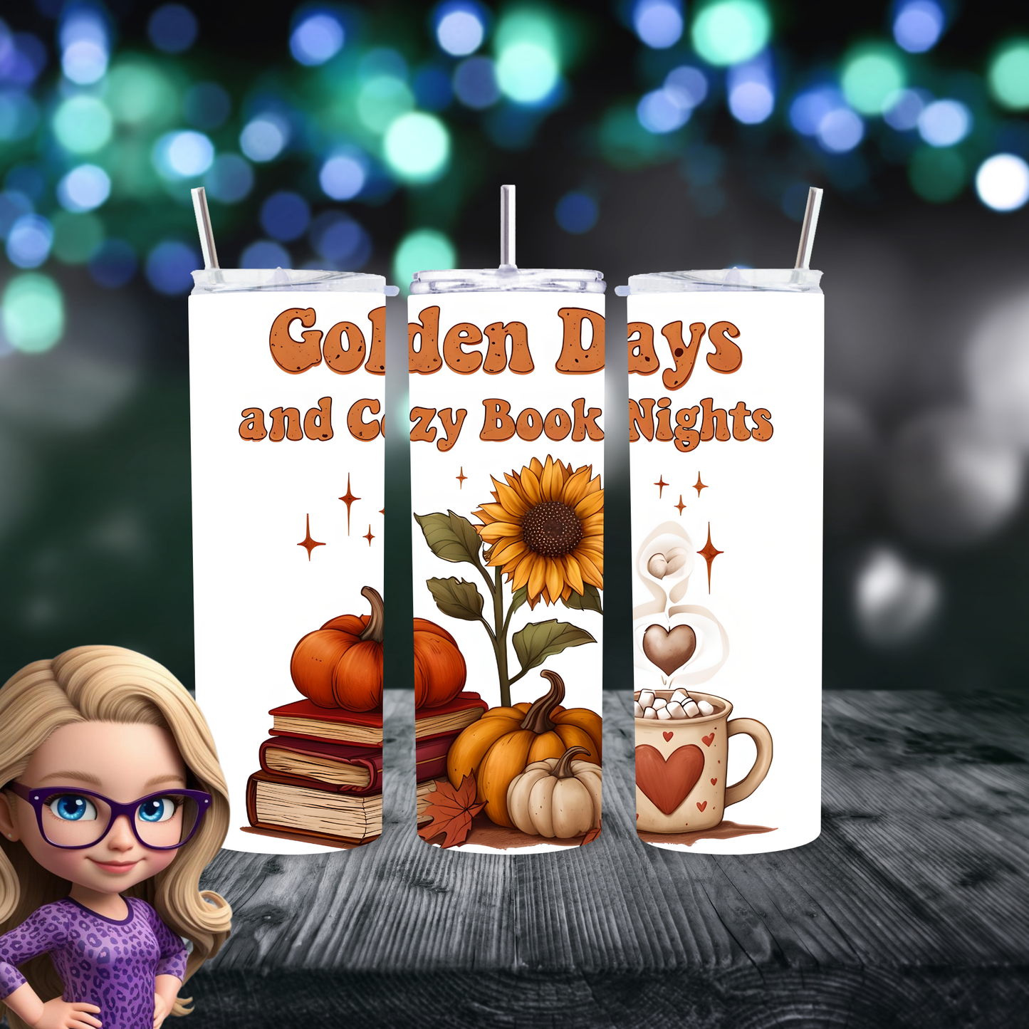 Golden Days & Cozy Book Nights 20oz Skinny Tumbler, Book Lover Fall Mug, Autumn Aesthetic Drinkware, Physical Tumbler for Readers