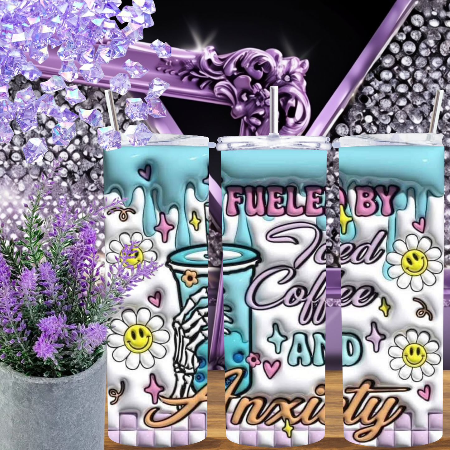 Fueled by Iced Coffee Tumbler – 20 oz Funny Anxiety Cup with Skeleton Hand, Smileys & Drip Art, Pastel Goth Aesthetic Tumbler