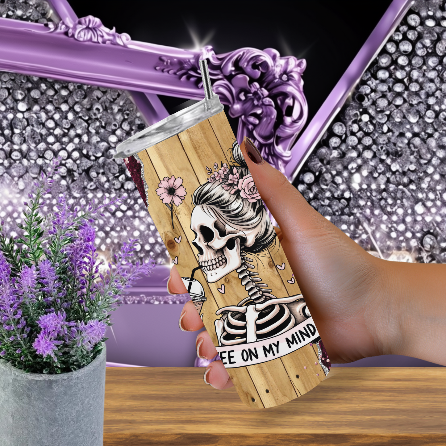 Goth Glam Skeleton Coffee Tumbler with Pink Glitter Roses, Insulated Skinny Cup for Iced Drinks, Rustic Wood Aesthetic Gift for Her