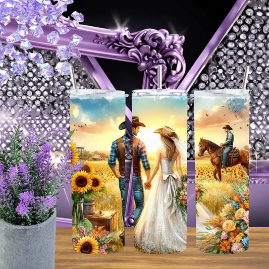 Western Wedding Sunflower Cowboy Tumbler 20oz 30oz Stainless Steel Cup Rustic Farmhouse Drinkware Gift Bride Groom by Marie Gems