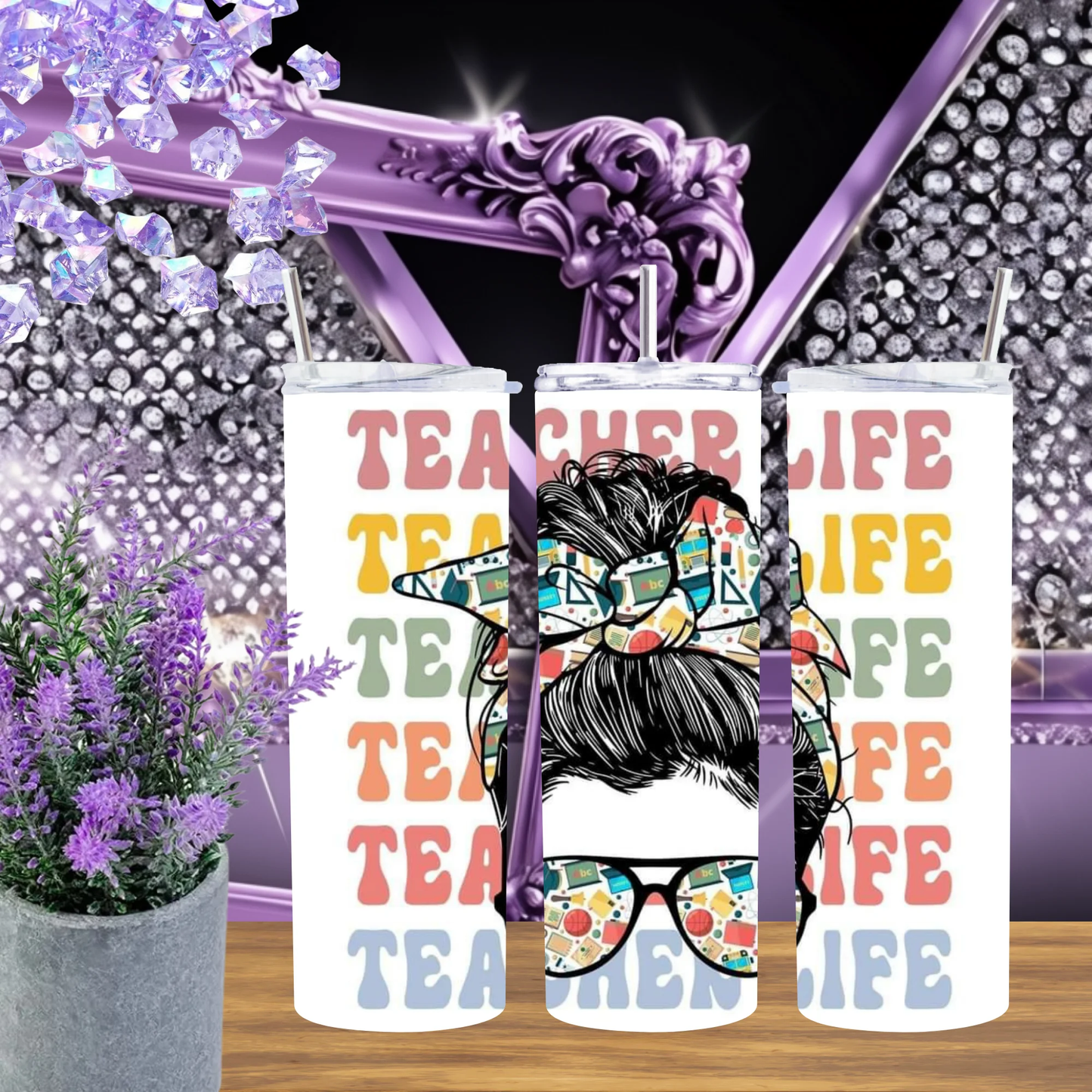 Teacher Life 20oz and 30oz Stainless Steel Tumbler Messy Bun Retro School Mug Back to School Gift for Teachers by Marie Gems