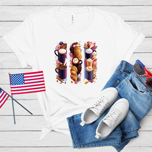 Artistic Coffee & Pastry Brush Stroke T-Shirt with coffee cups, croissants, and beans in vibrant brush stroke design