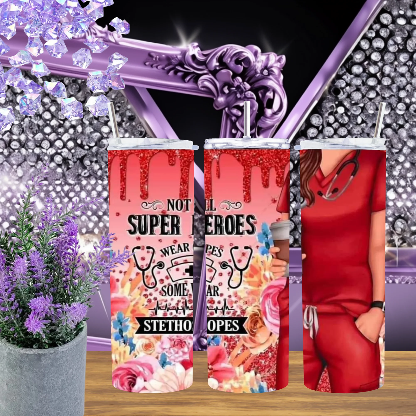 Superhero Nurse 20oz Tumbler And 30oz Cup Red Scrubs Floral Mug Nurse Appreciation Gift Healthcare Hero Drinkware by Marie Gems