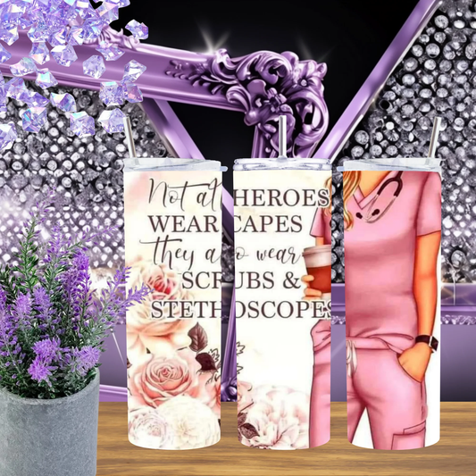 Floral Nurse 20Oz Tumbler And 30Oz Stainless Steel Cup Pink Scrubs Flower Mug Nursing Student Gift Drinkware by Marie Gems