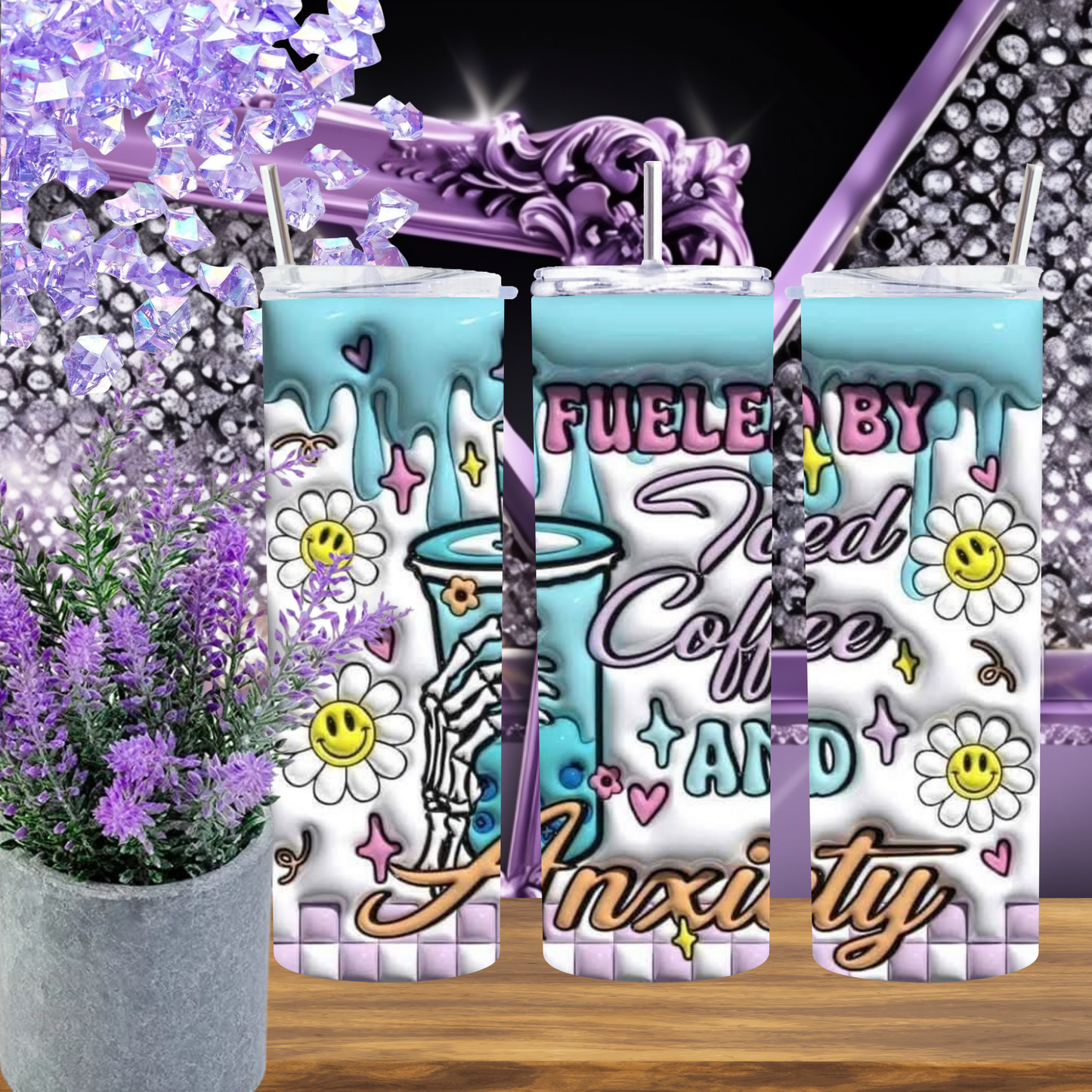 Fueled by Iced Coffee Tumbler – 20 oz Funny Anxiety Cup with Skeleton Hand, Smileys & Drip Art, Pastel Goth Aesthetic Tumbler