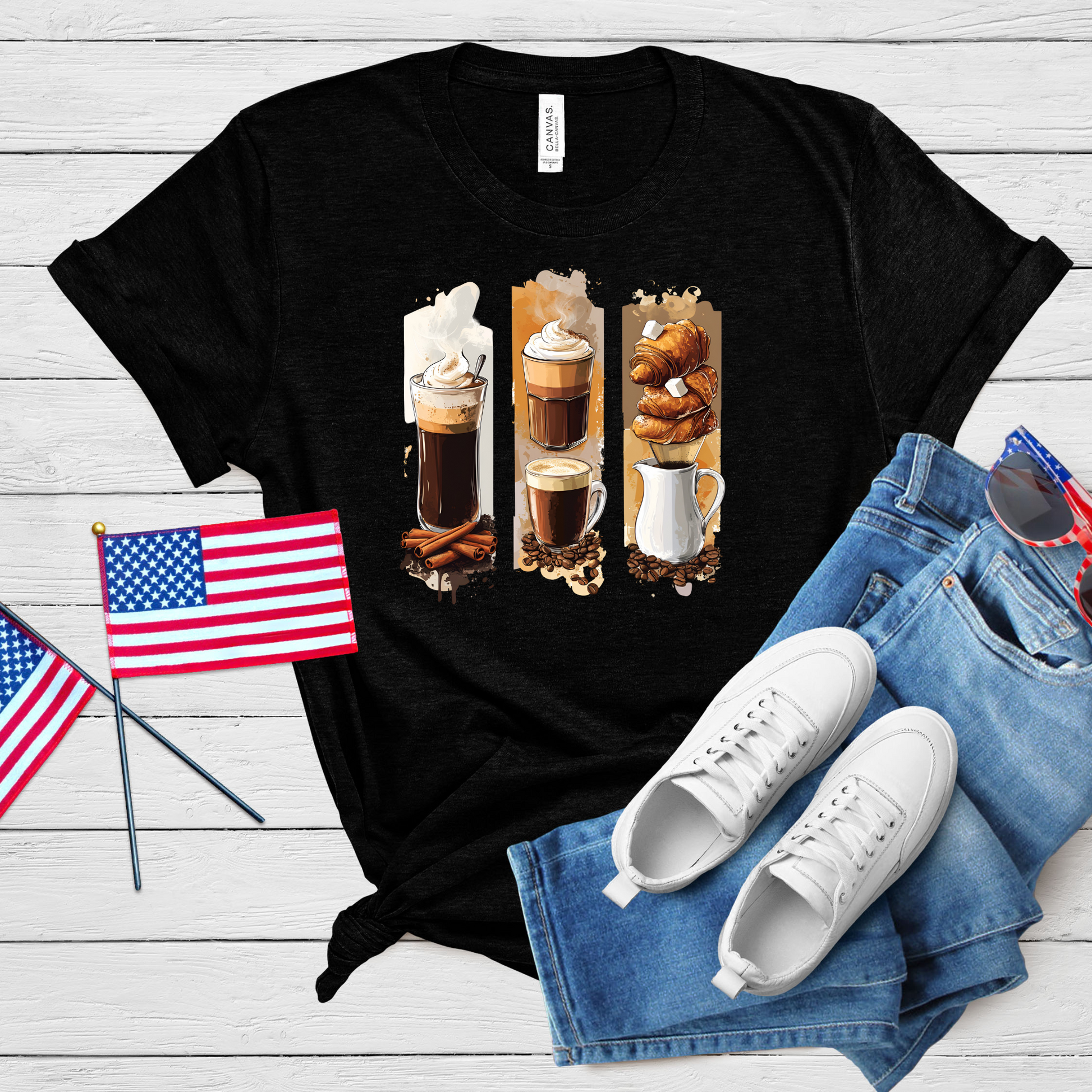 Artistic Coffee & Pastry Brush Stroke T-Shirt in black with coffee drinks and croissants design.
