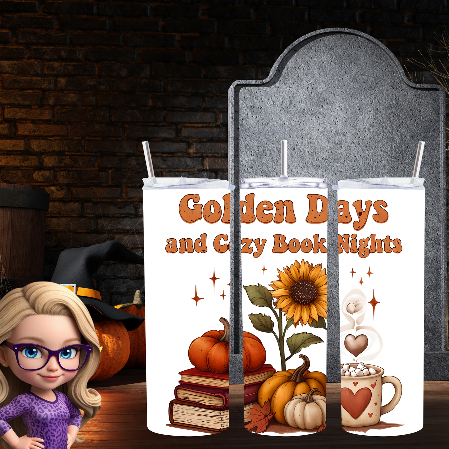 Golden Days & Cozy Book Nights 20oz Skinny Tumbler, Book Lover Fall Mug, Autumn Aesthetic Drinkware, Physical Tumbler for Readers
