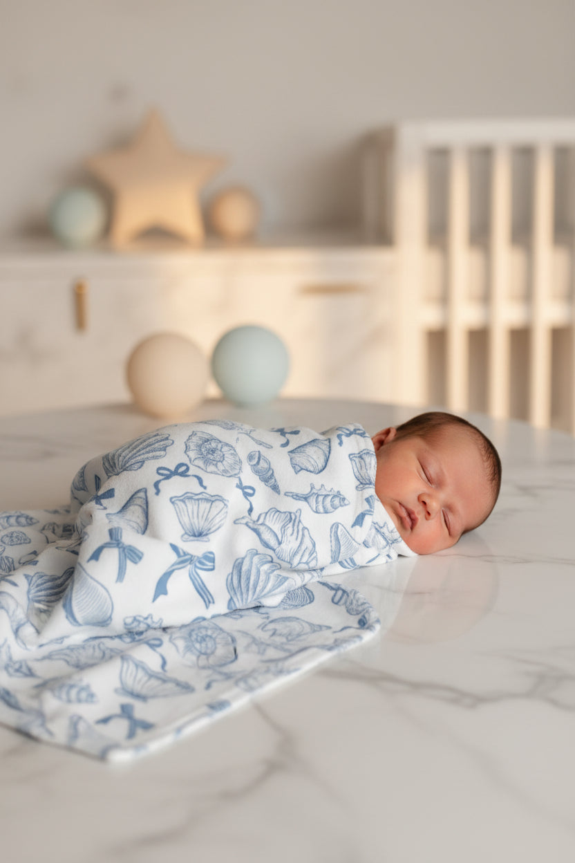 Soft nautical sea shell baby blanket with coastal pattern for infants