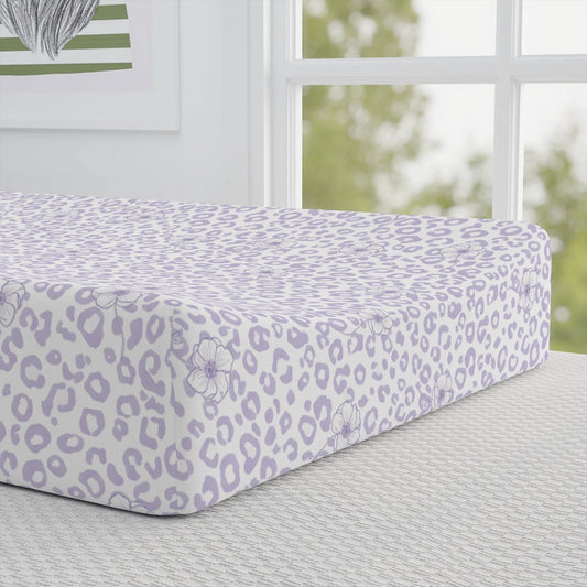 Purple Cheetah Changing Pad Cover - Modern Anemone Floral Nursery Bedding - Soft Lavender Cheetah Wallpaper Aesthetic - Personalized Baby Shower Gift by Printify