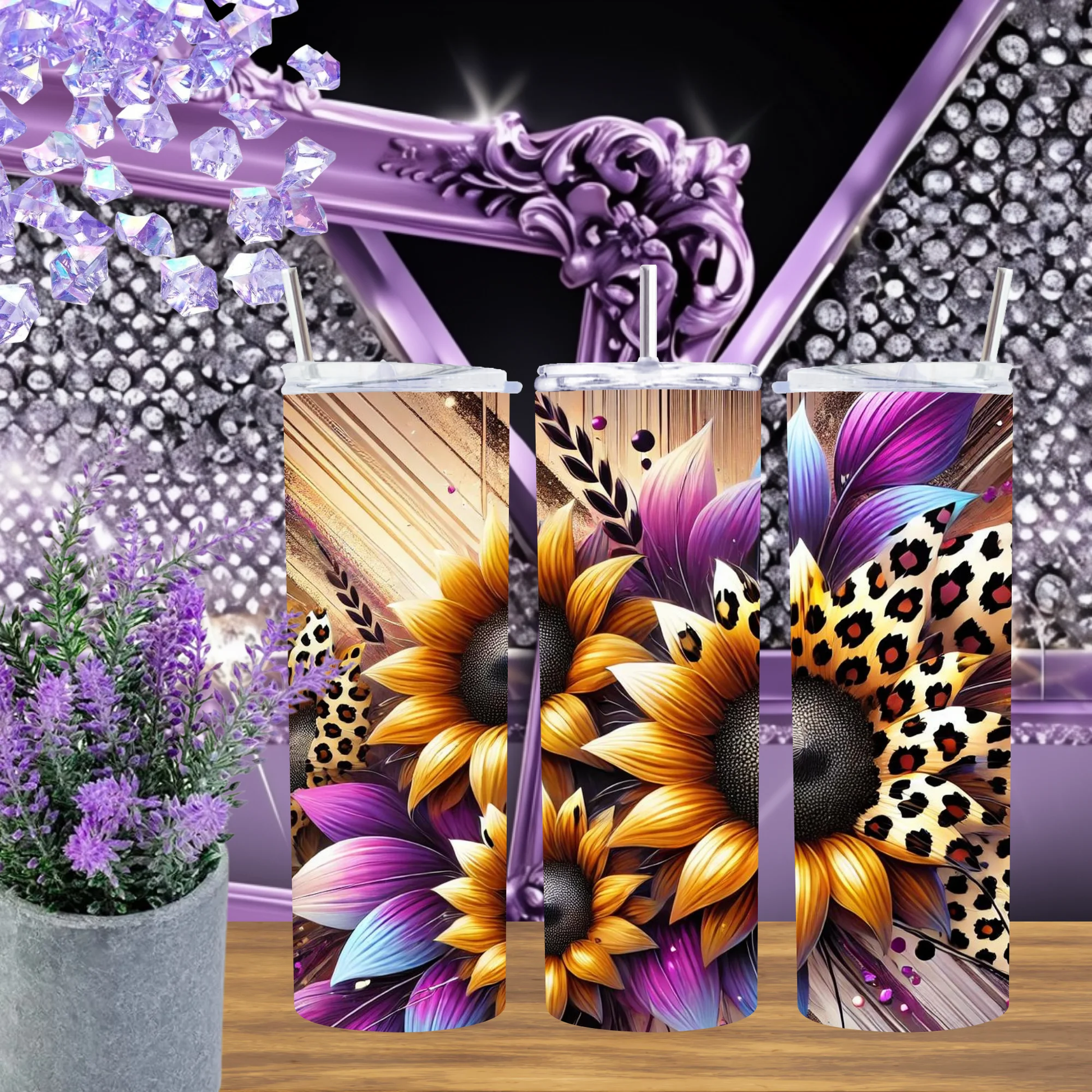 Purple Sunflower 20oz Tumbler Leopard Print 30oz Cup Animal Print Floral Drinkware Western Travel Mug Gift for Her by Marie Gems