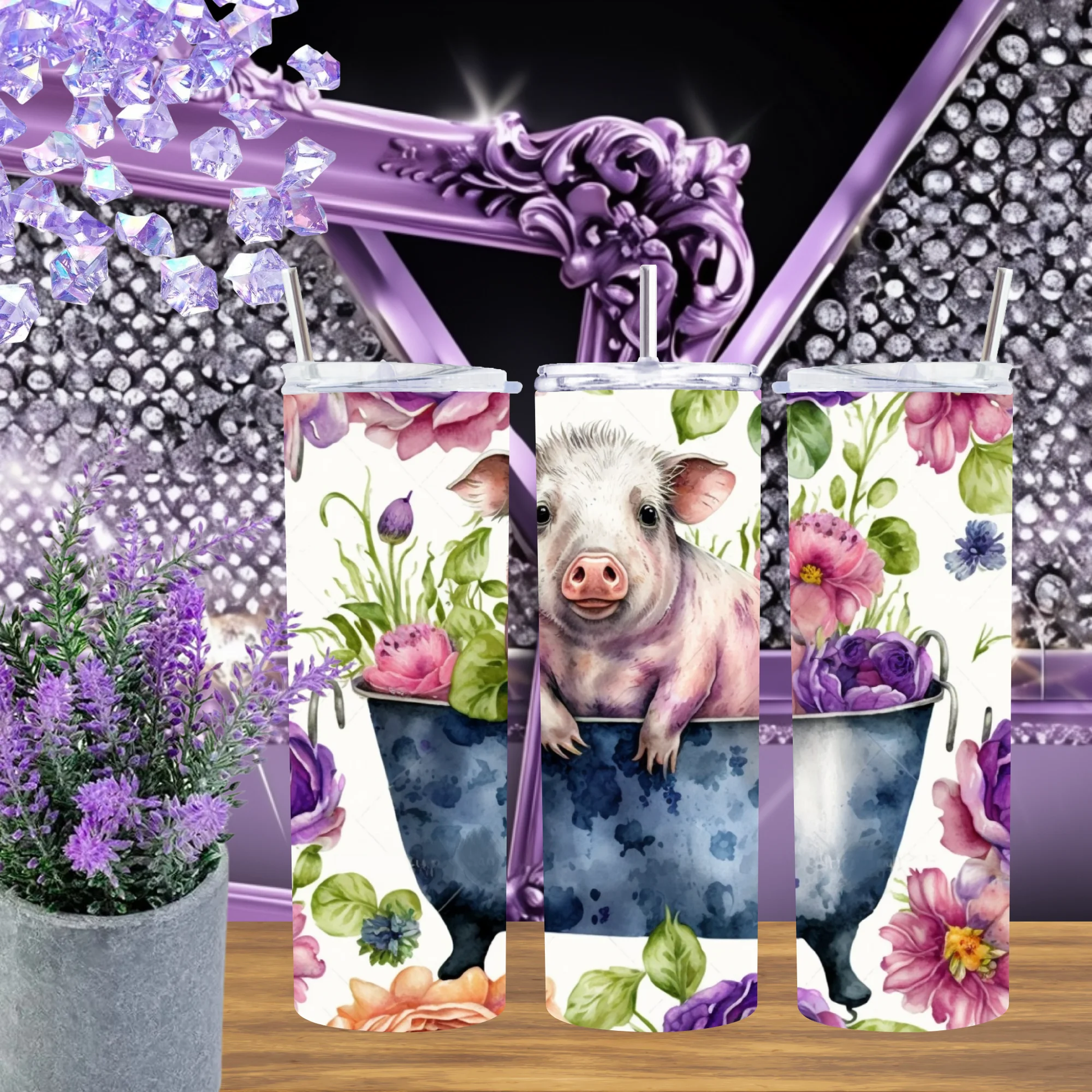 Farmhouse Pig 20oz Tumbler and 30oz Cup Featuring Piglet in Bathtub with Whimsical Florals Farm Drinkware Rustic Gift by Marie Gems
