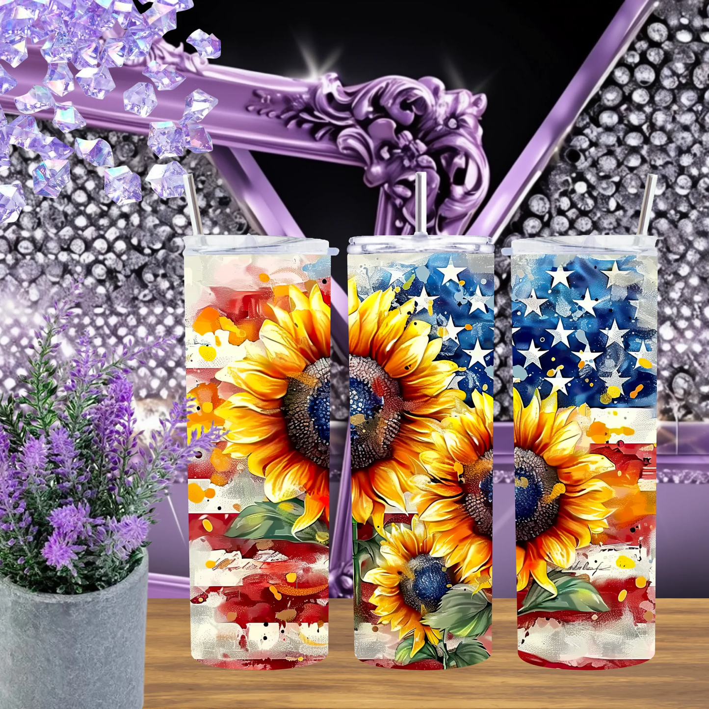 Patriotic Sunflower Tumbler and Cup Set 20oz 30oz USA Drinkware for 4th of July Americana Farmhouse Gift by Marie Gems