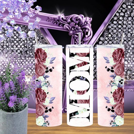 Mom Floral 20oz Tumbler And 30oz Cup With Lid Burgundy Rose Drinkware Gift For Mom Personalized Elegant Travel Mug by Marie Gems