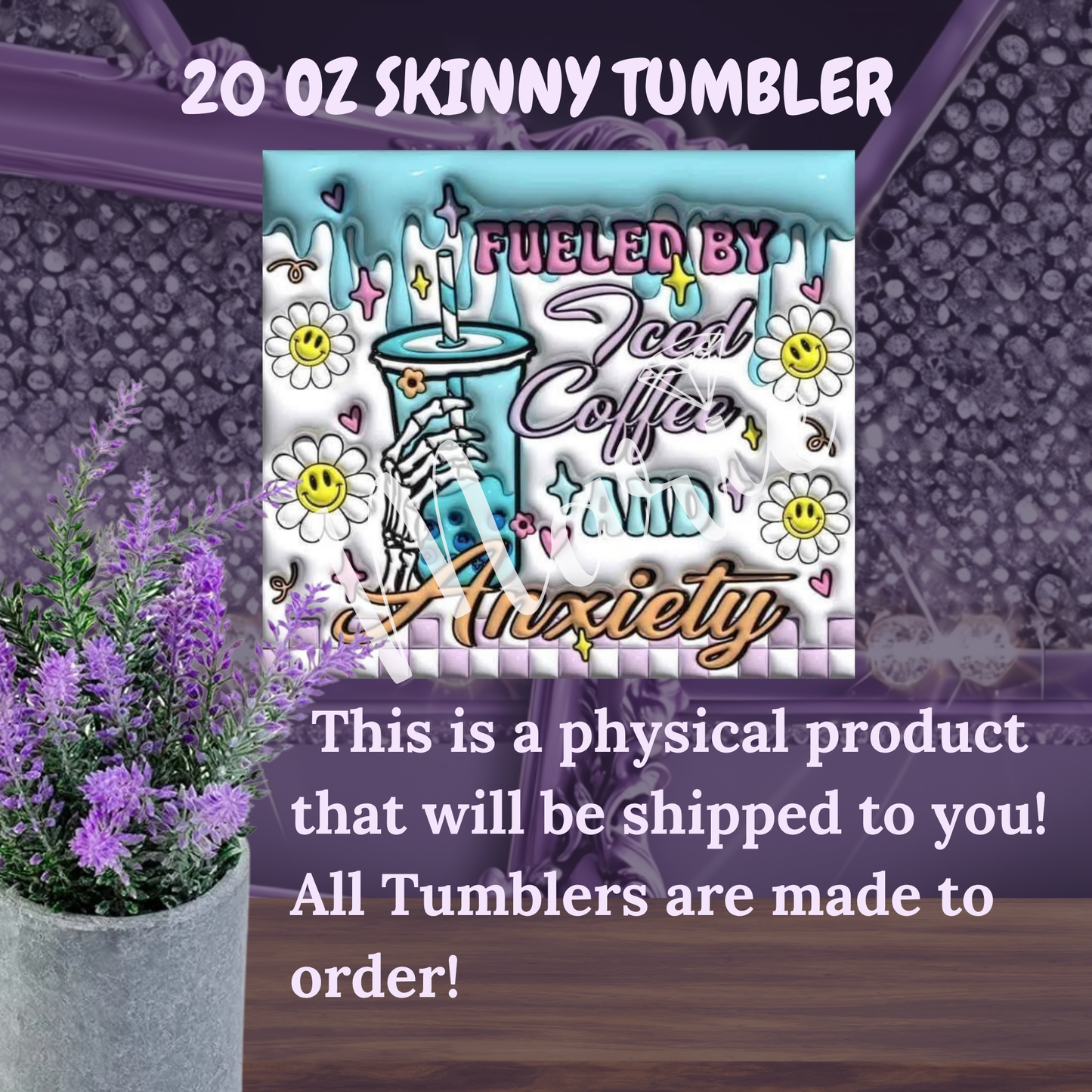 Fueled by Iced Coffee Tumbler – 20 oz Funny Anxiety Cup with Skeleton Hand, Smileys & Drip Art, Pastel Goth Aesthetic Tumbler